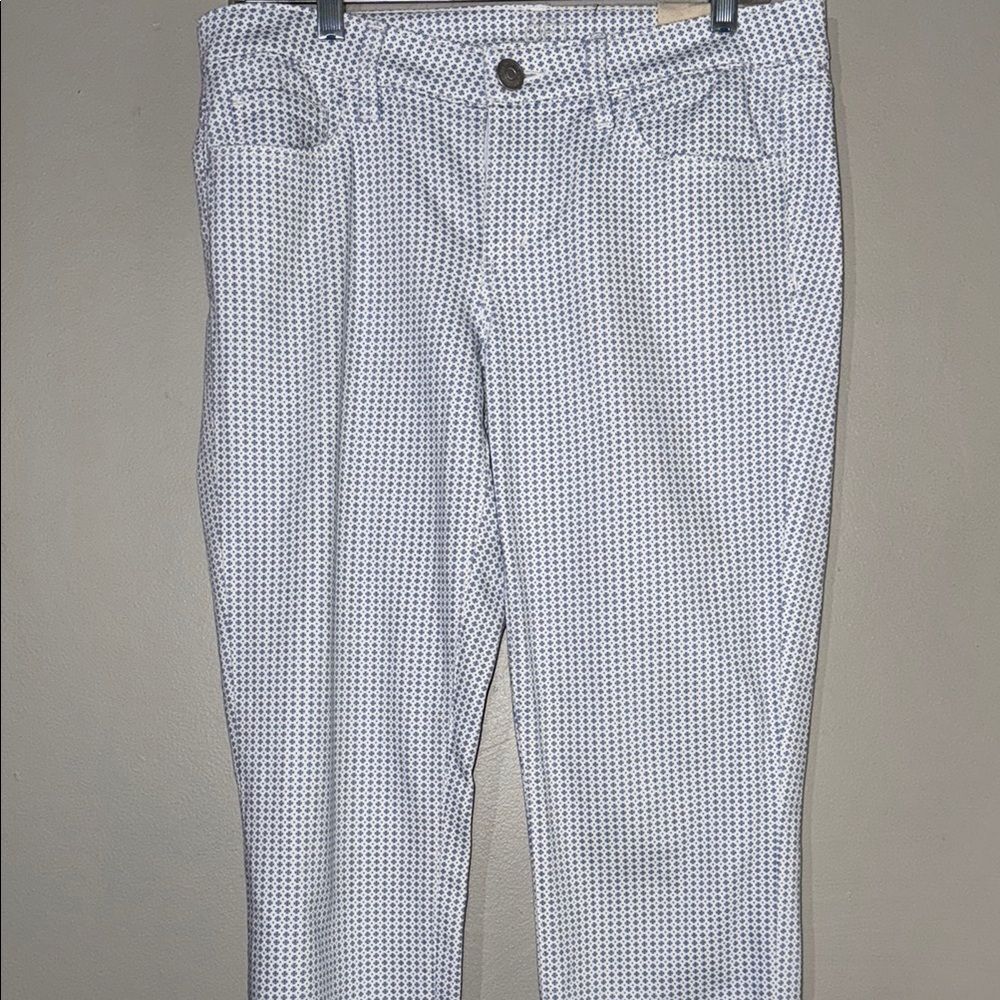 LOFT White Skinny Ankle Pants with Blue Pattern